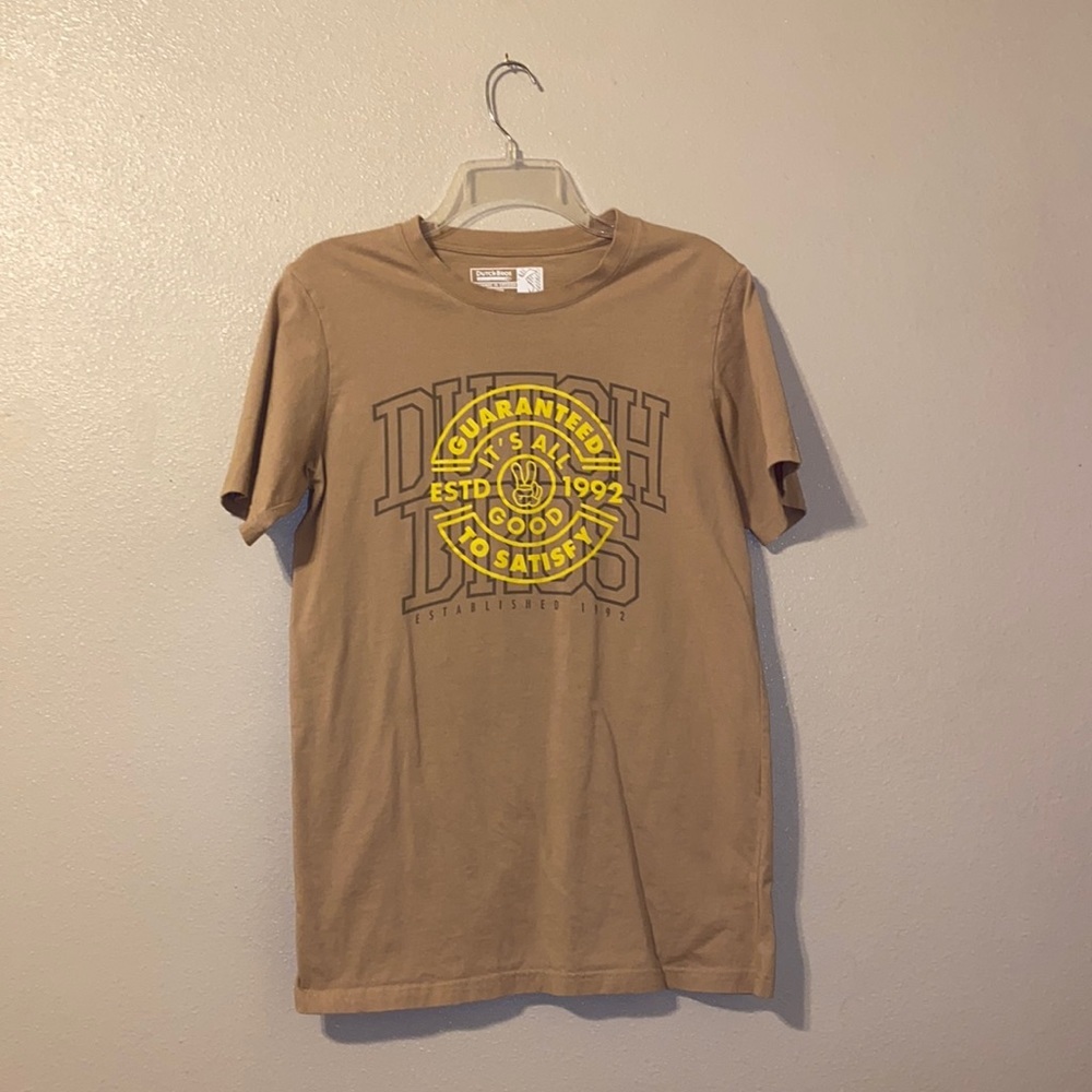 Dutch Bros Tan T-Shirt “Guaranteed to Satisfy” Medium